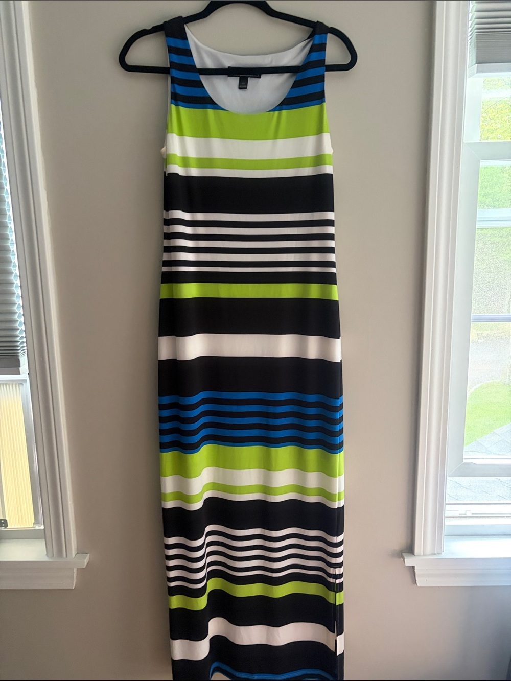 Jessica Howard Striped Sleeveless Maxi Dress in Black, White, Blue & Lime